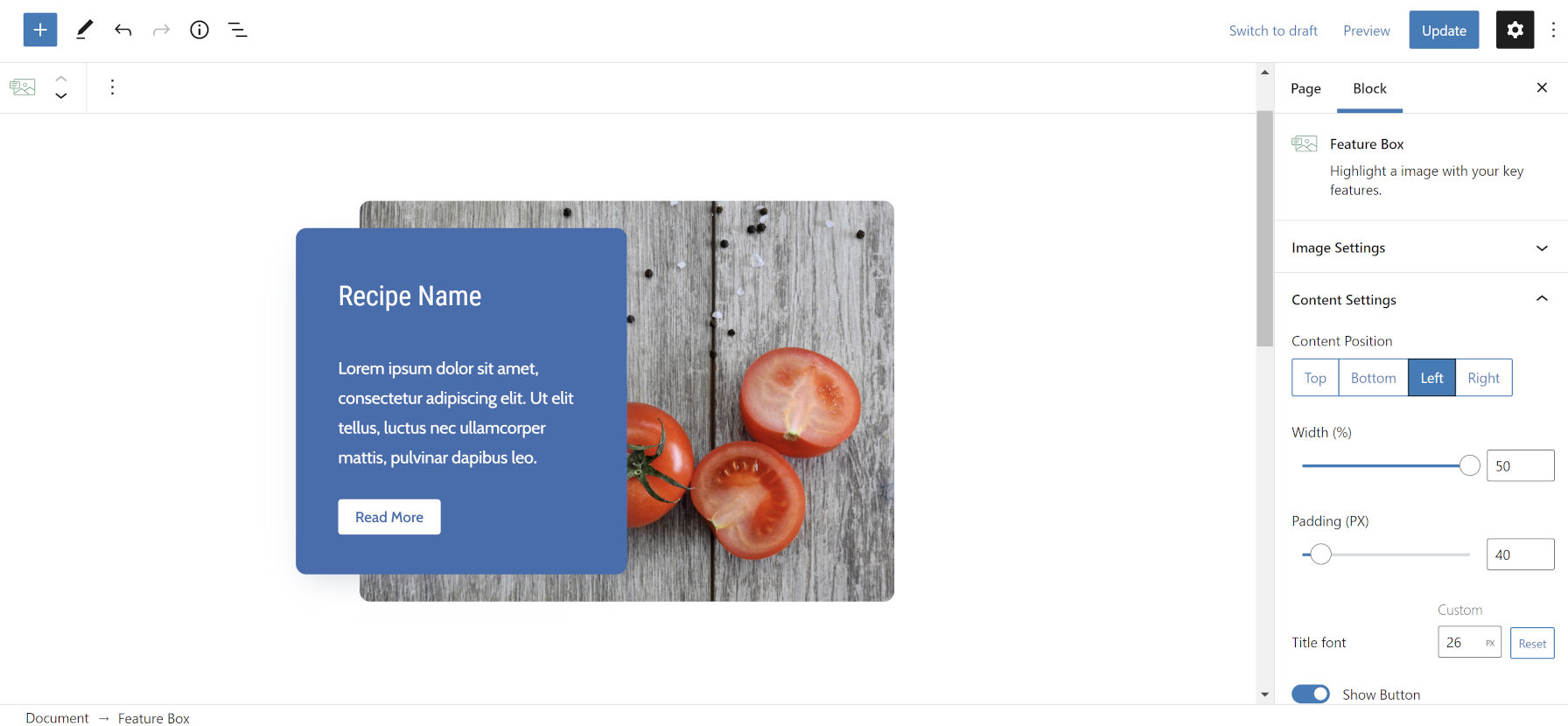 Feature Box block plugin in the WordPress editor, showcasing a text box offset from a background image.