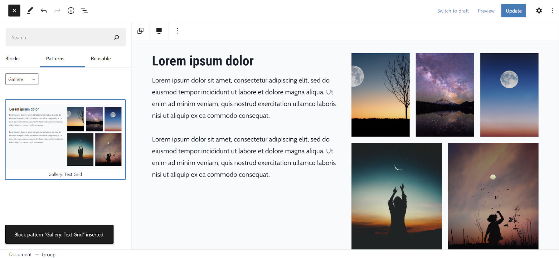 WordPress editor with the block patterns panel open.