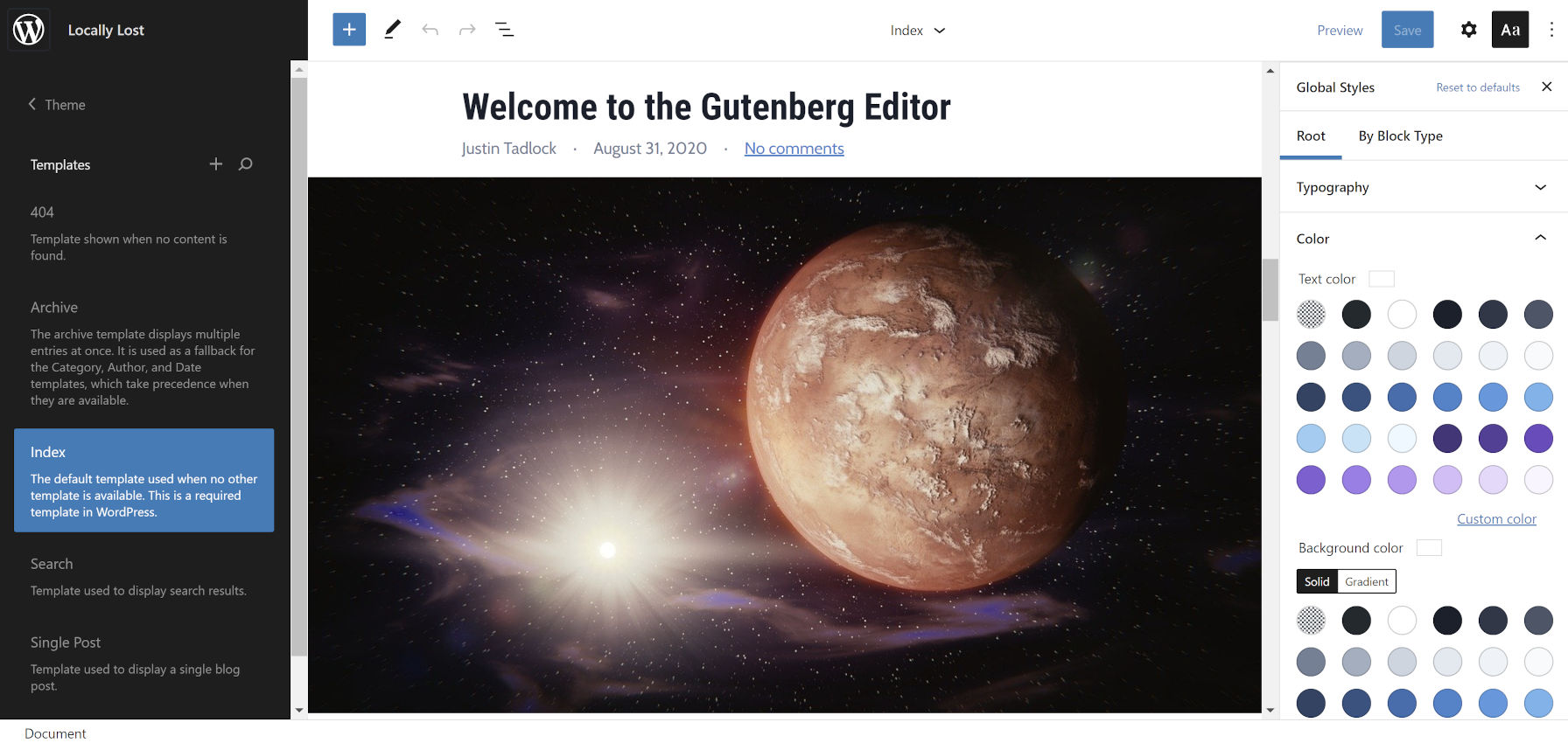 WordPress site editor with the templates panel opened on the left and the global styles panel opened on the right.