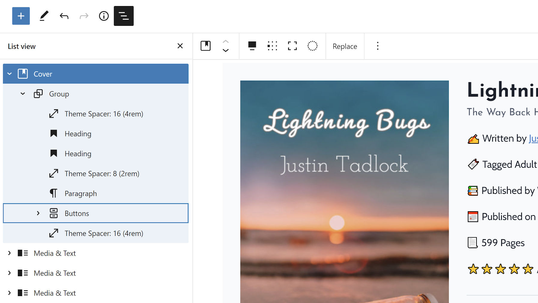 List view in the post editor, showcasing some expanded and collapsed blocks with nested inner blocks.