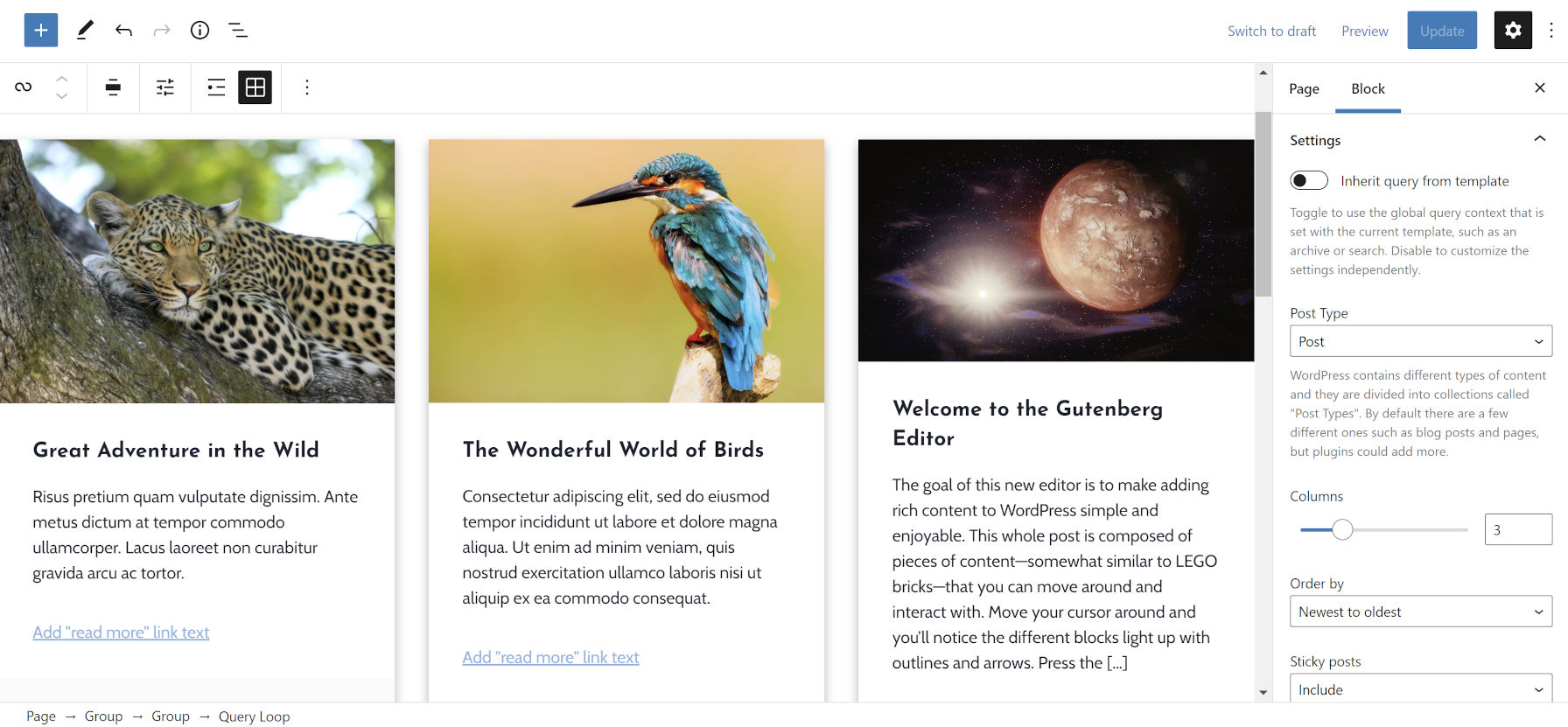Displaying a Query Loop block in the post editor with its block options sidebar panel open.