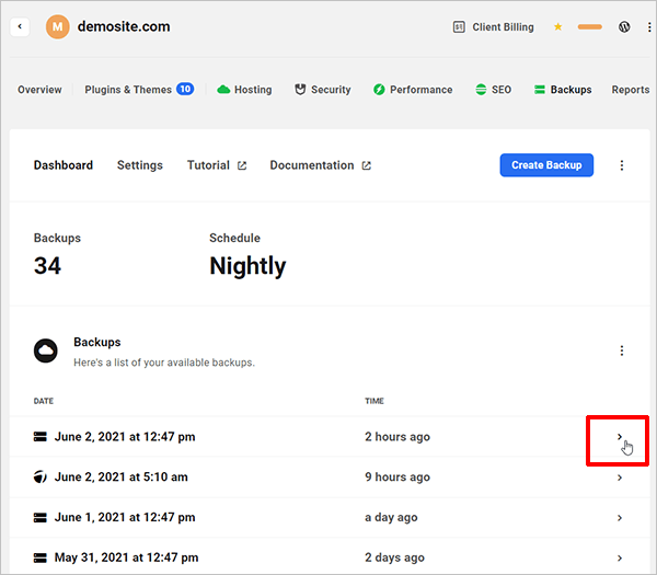 The Hub - Backups list