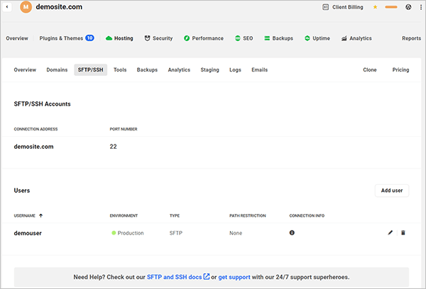 The Hub - SFTP/SSH screen