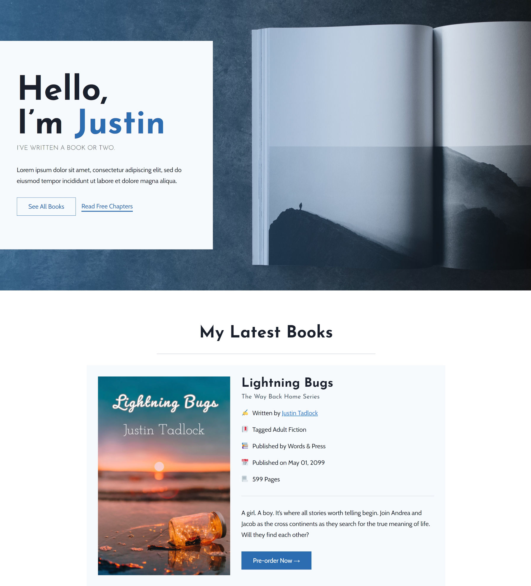 Landing page for a novelist with featured hero section and latest books section.