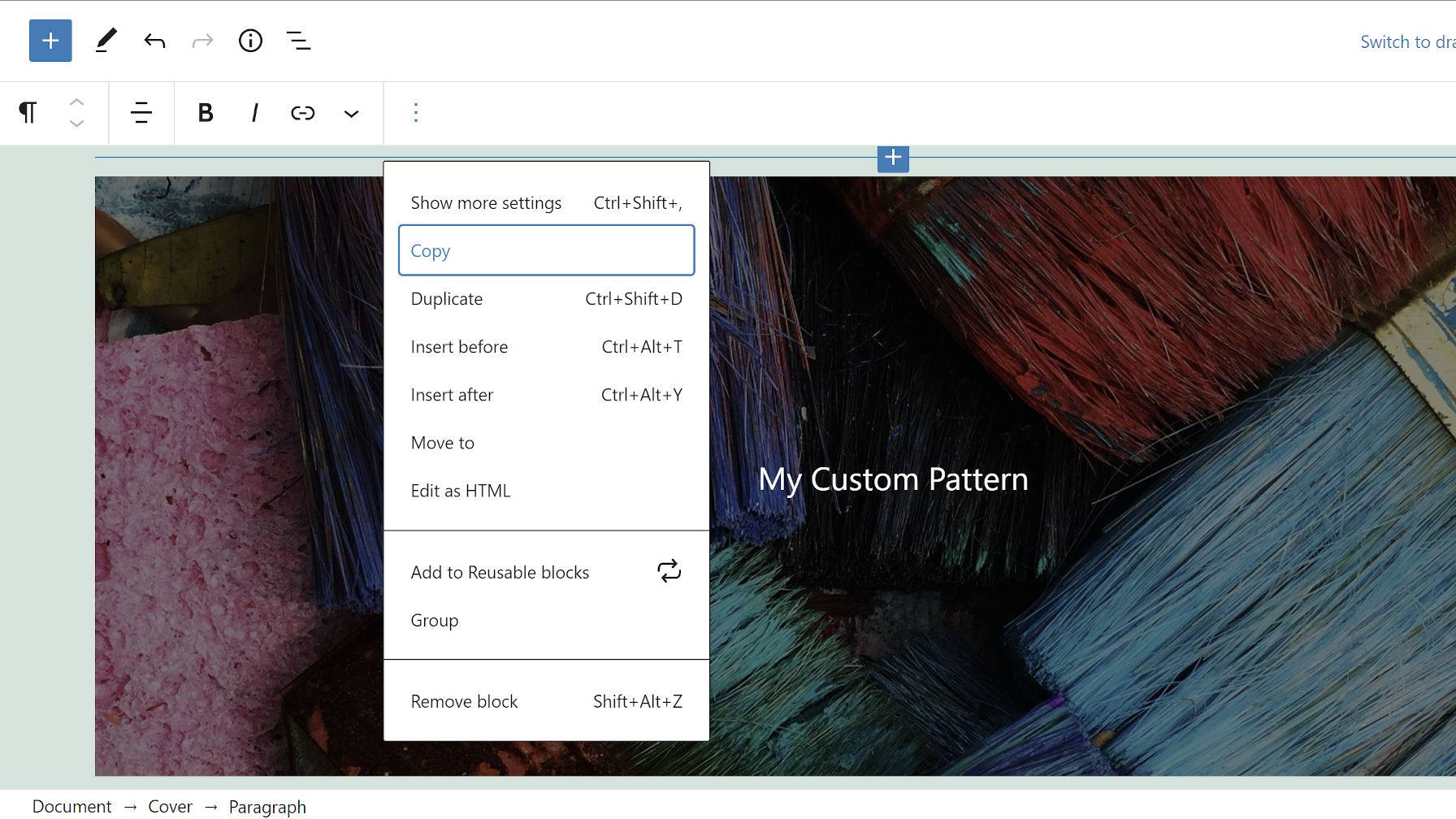 A block pattern in the WordPress editor, showing the "more options" dropdown with the "copy" button highlighted.