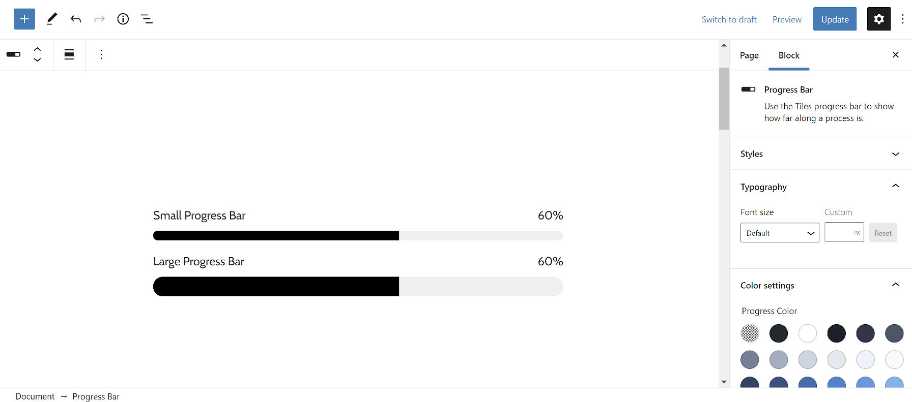 Inserting both a Small and Large progress bar into the block editor.