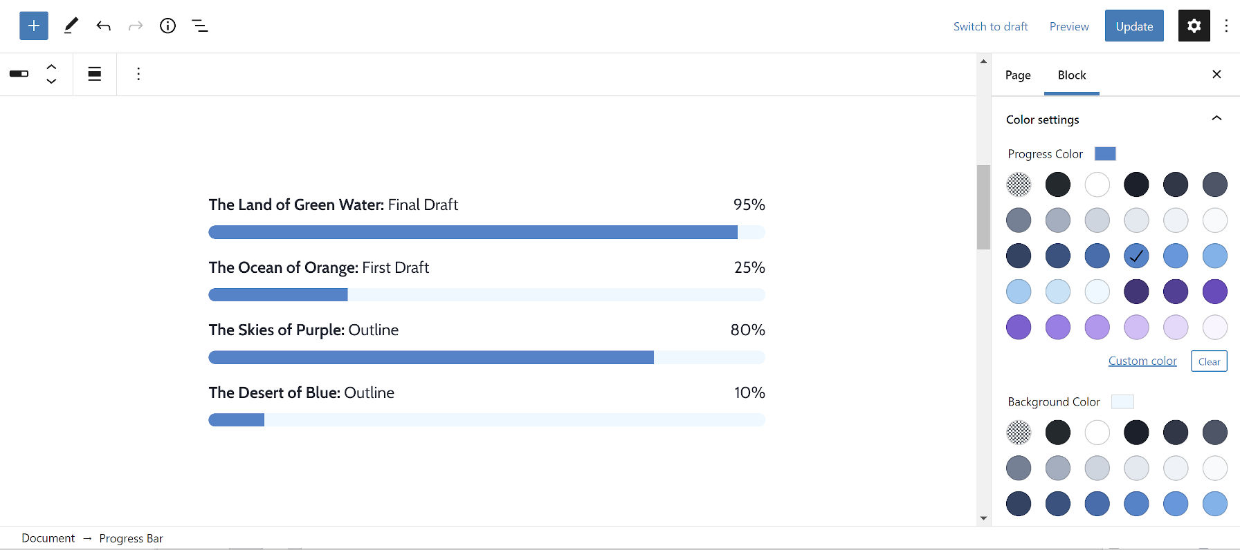 Customizing the output of the Progress Bar Block in the WordPress editor with custom colors.