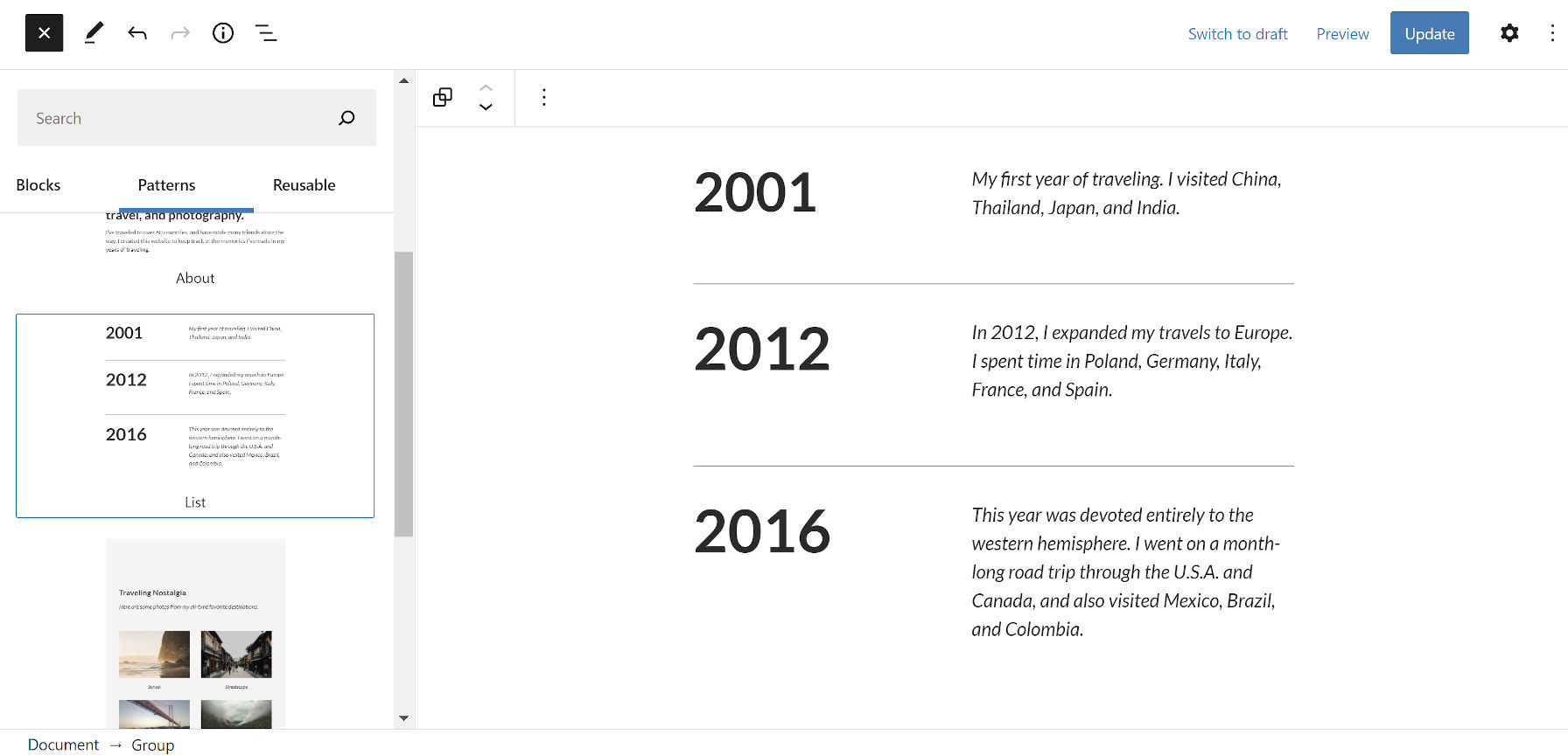 Timeline-like list of dates and notes.