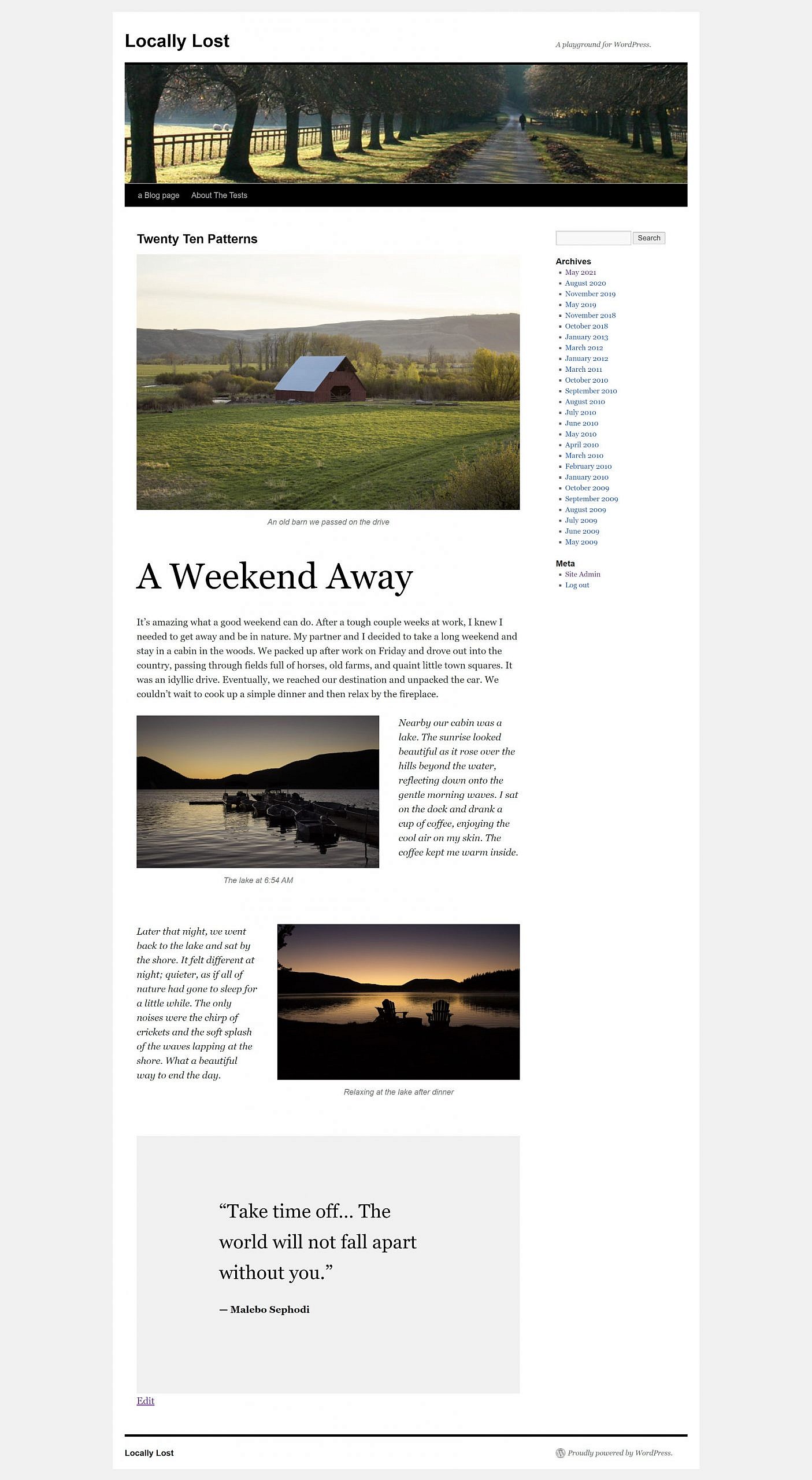 Full-page screenshot of the Twenty Ten theme and its three new block patterns.