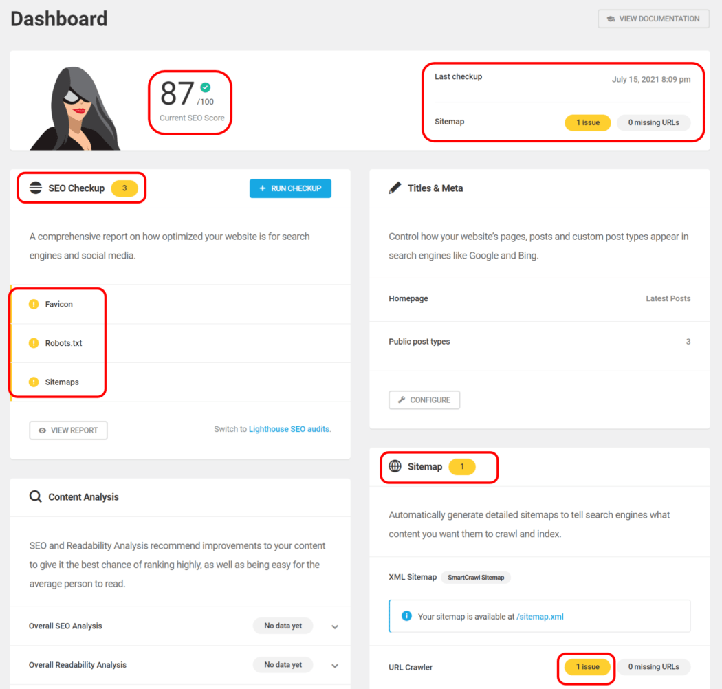 SmartCrawl initial dashboard view
