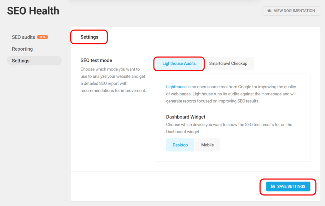 SC SEO health settings