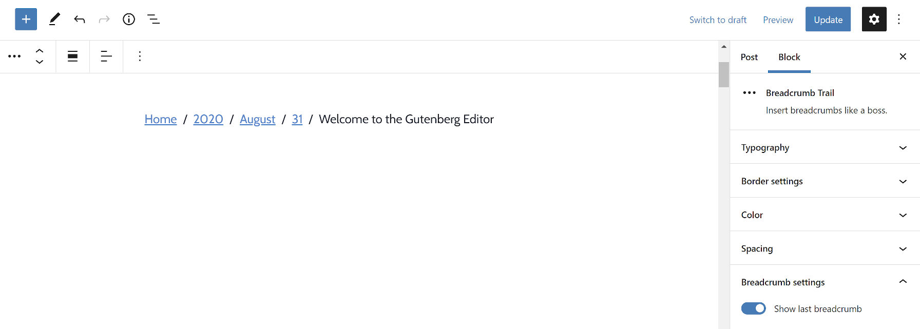 Breadcrumbs list block shown in the WordPress post editor.