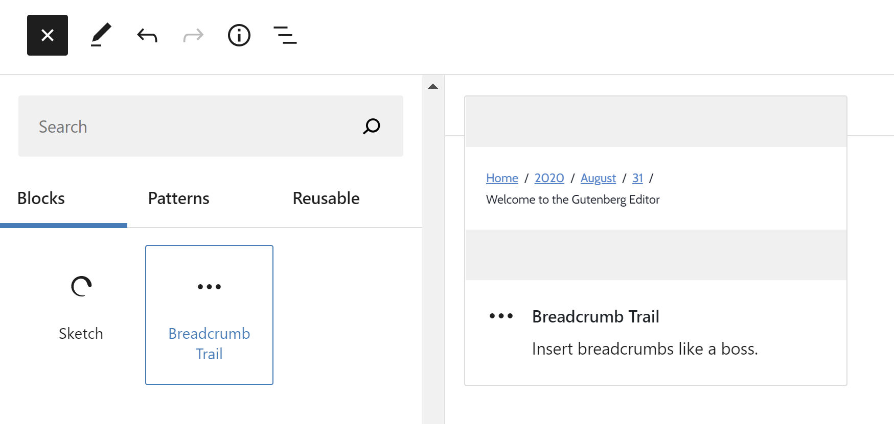WordPress block inserter with a breadcrumbs block selected, showing its preview.