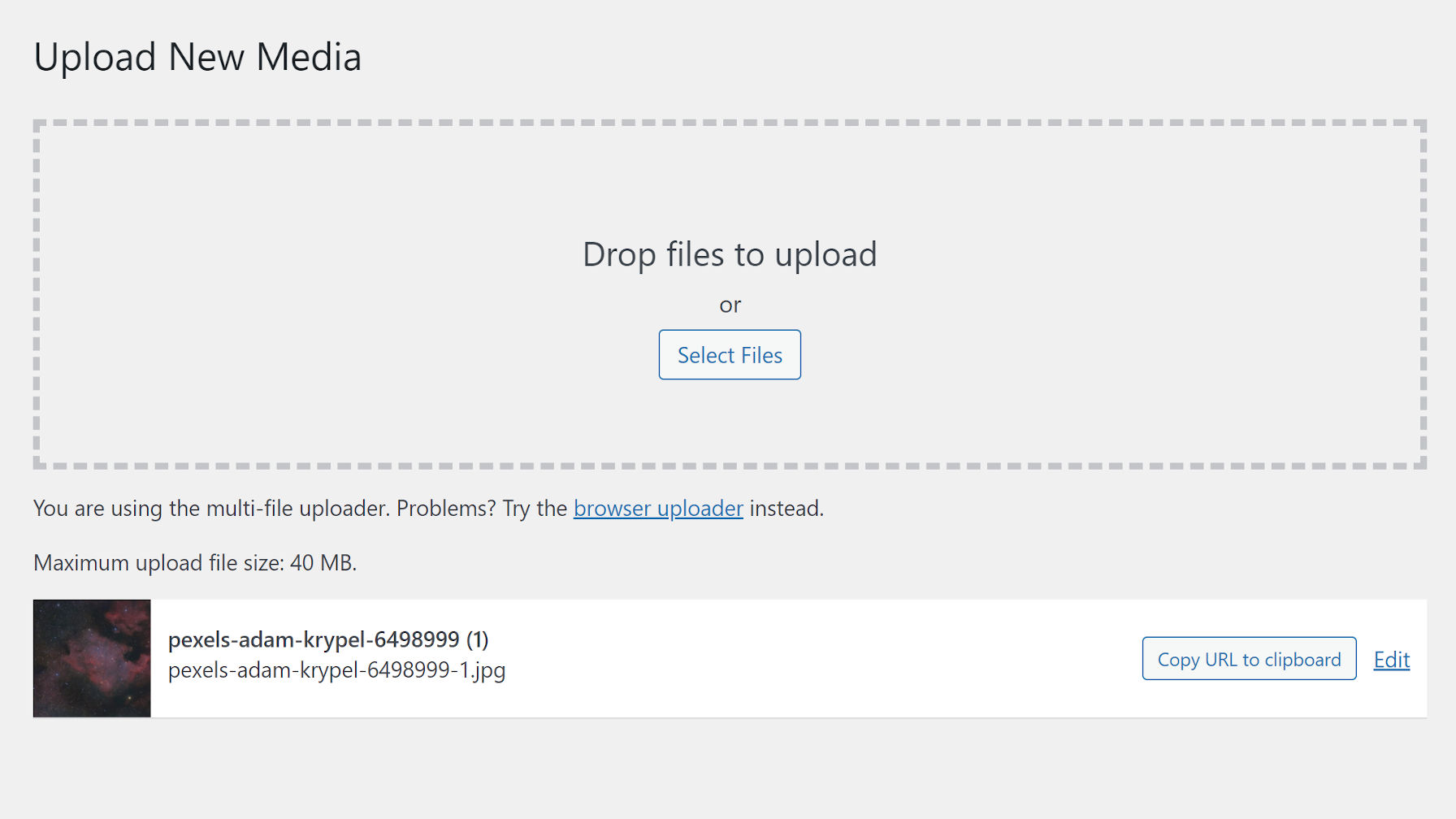 Screenshot of the Add New Media screen after an image has been uploaded.  It now shows a "Copy URL to clipboard" button.