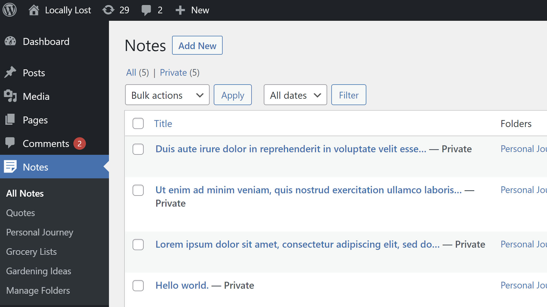Folder system for the Hypernotes plugin shown in the left WordPress admin sidebar.