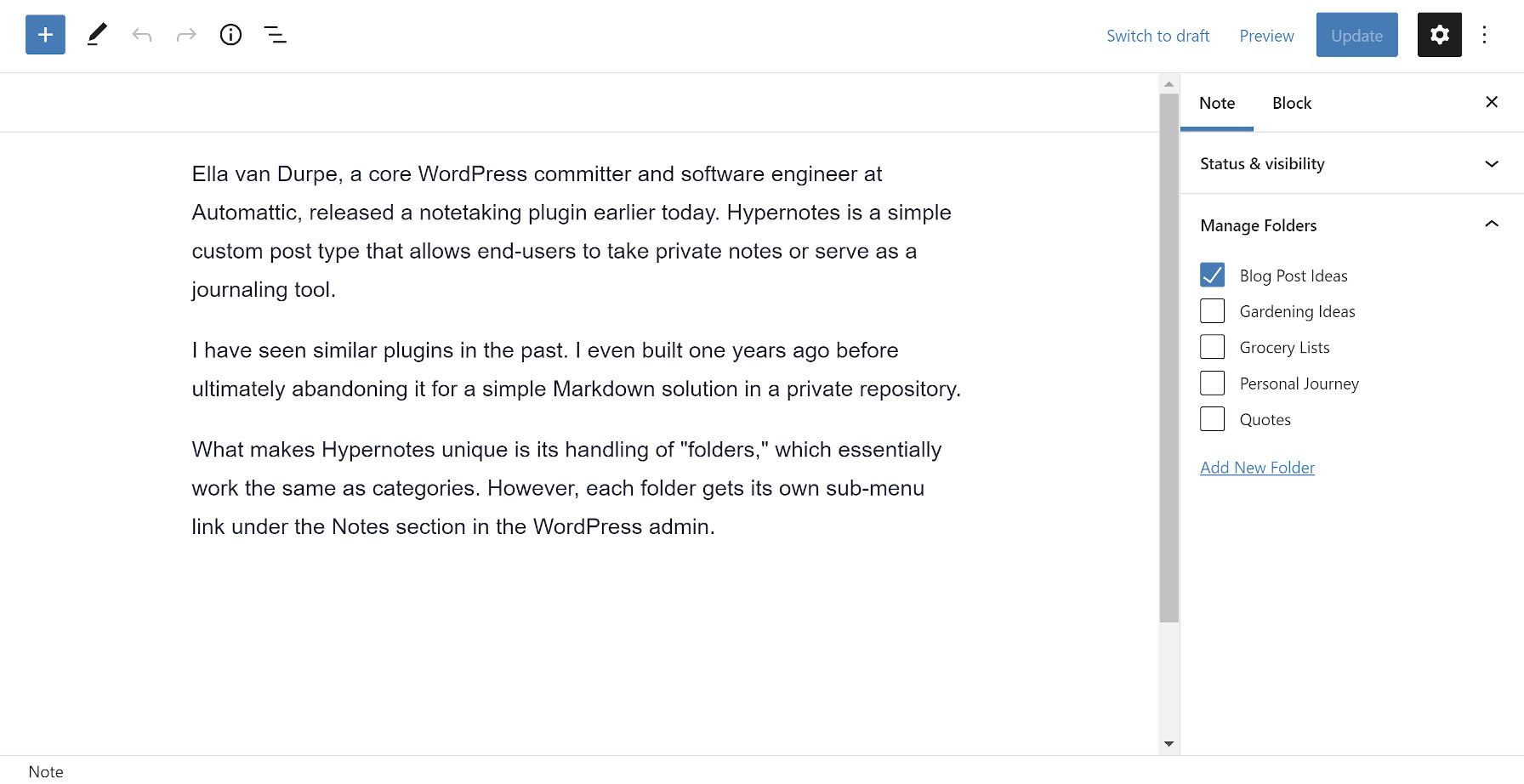 WordPress post editor showcasing the Hypernotes plugin.