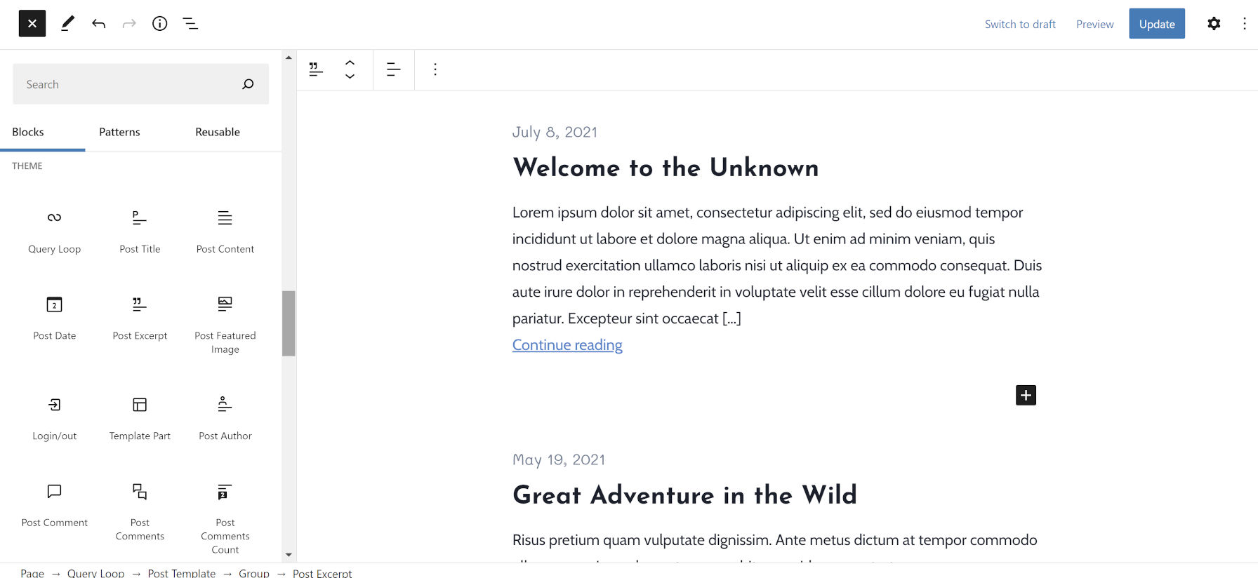 Block inserter open in the WordPress editor, showcasing the blocks from the Theme category.