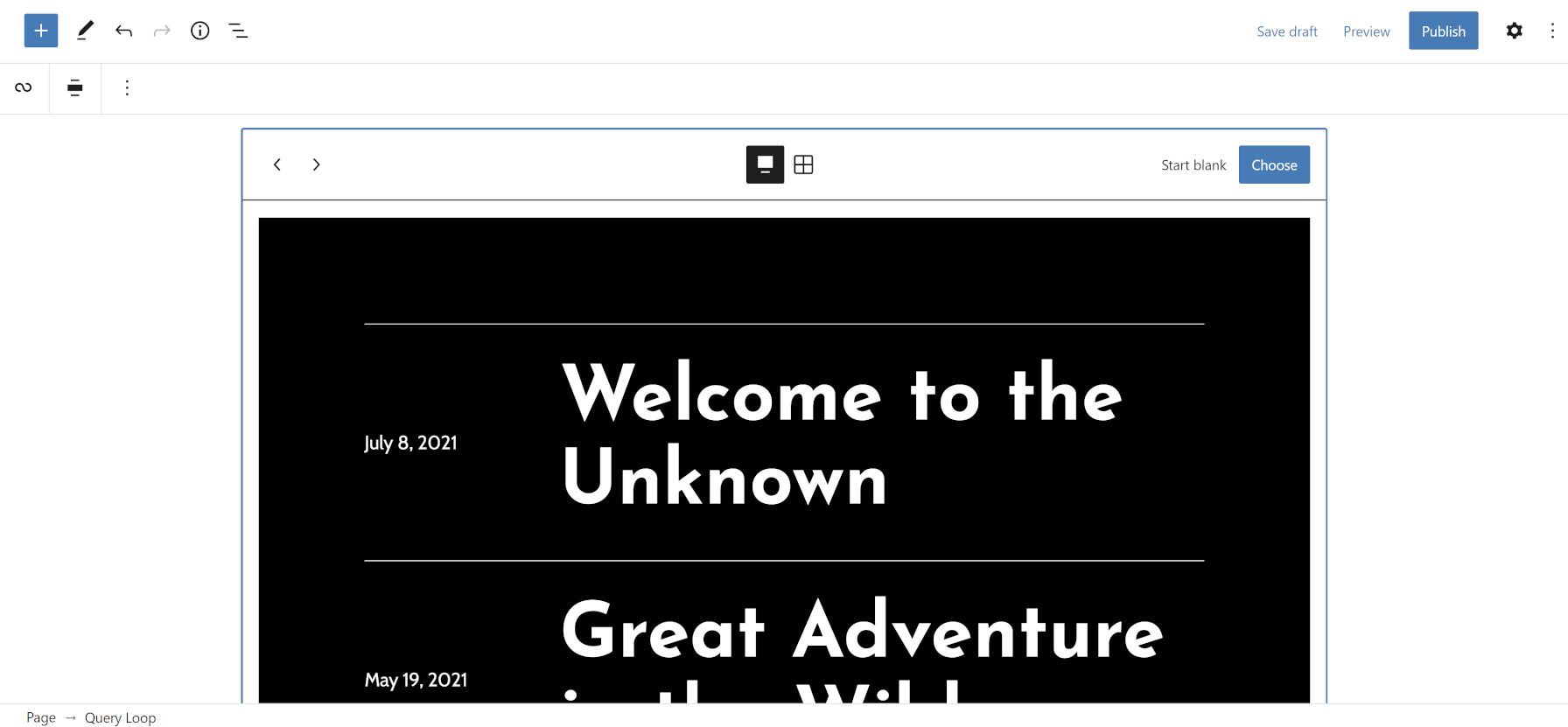 A carousel/slider view of the available patterns for inserting into the WordPress editor.