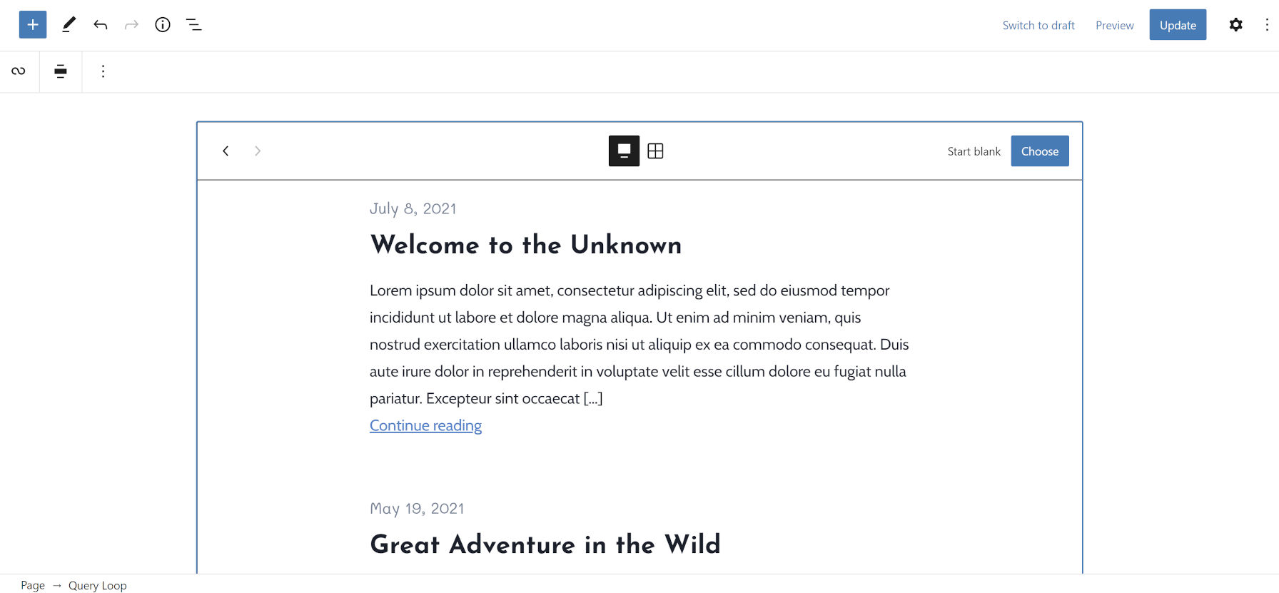 A Query Loop pattern in the WordPress editor that shows the post date, title, and excerpt.