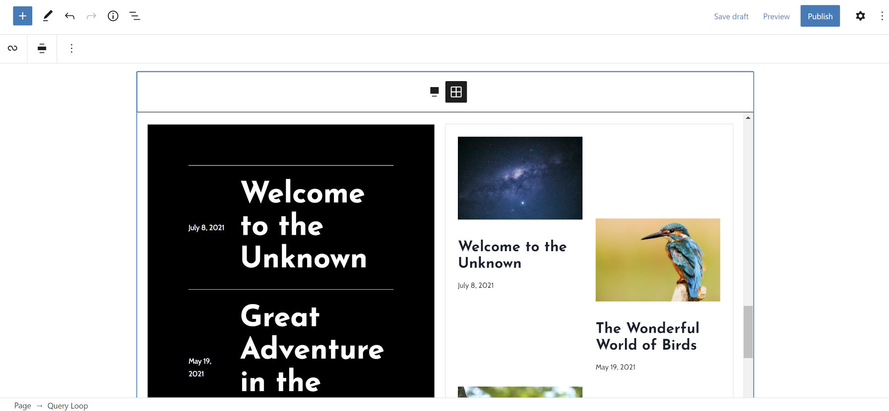 A two-column, grid-based view of the available patterns for inserting into the WordPress editor.