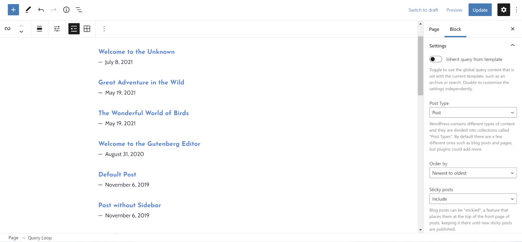 Single-column list of posts with their titles and published dates.