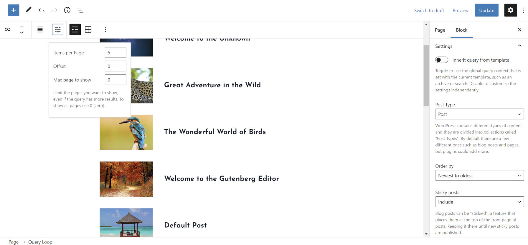 A Query Loop block inserted into the WordPress editor. The block options sidebar and the display settings popover are both open.