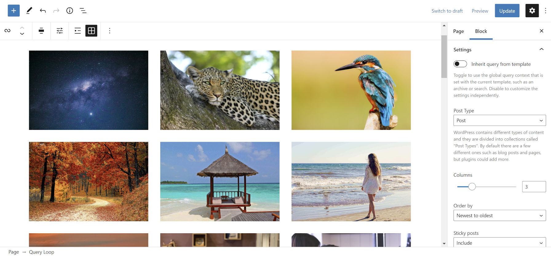 Three-columned grid of posts in the WordPress editor.