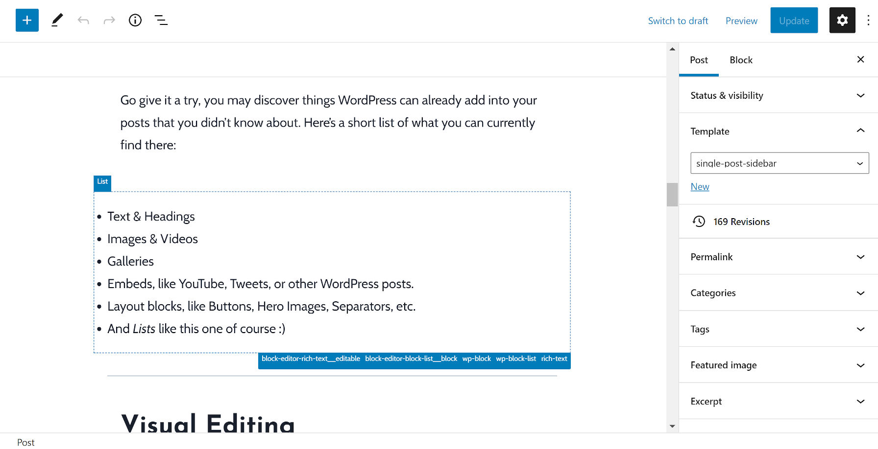 Viewing a list block in the editor where the Wayfinder plugin's padding misaligns it.