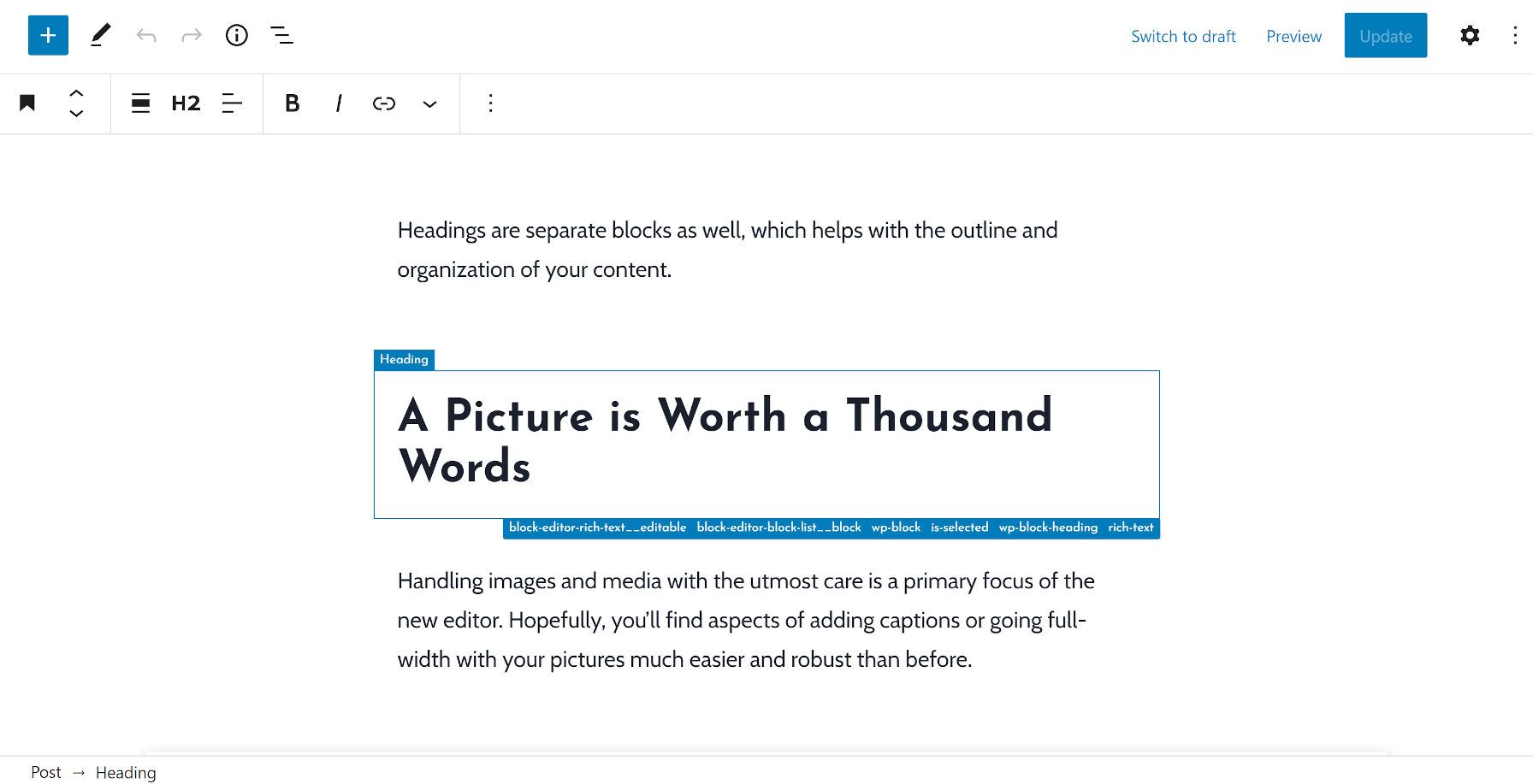 Outline of a heading block between two paragraphs via the Wayfinder plugin.