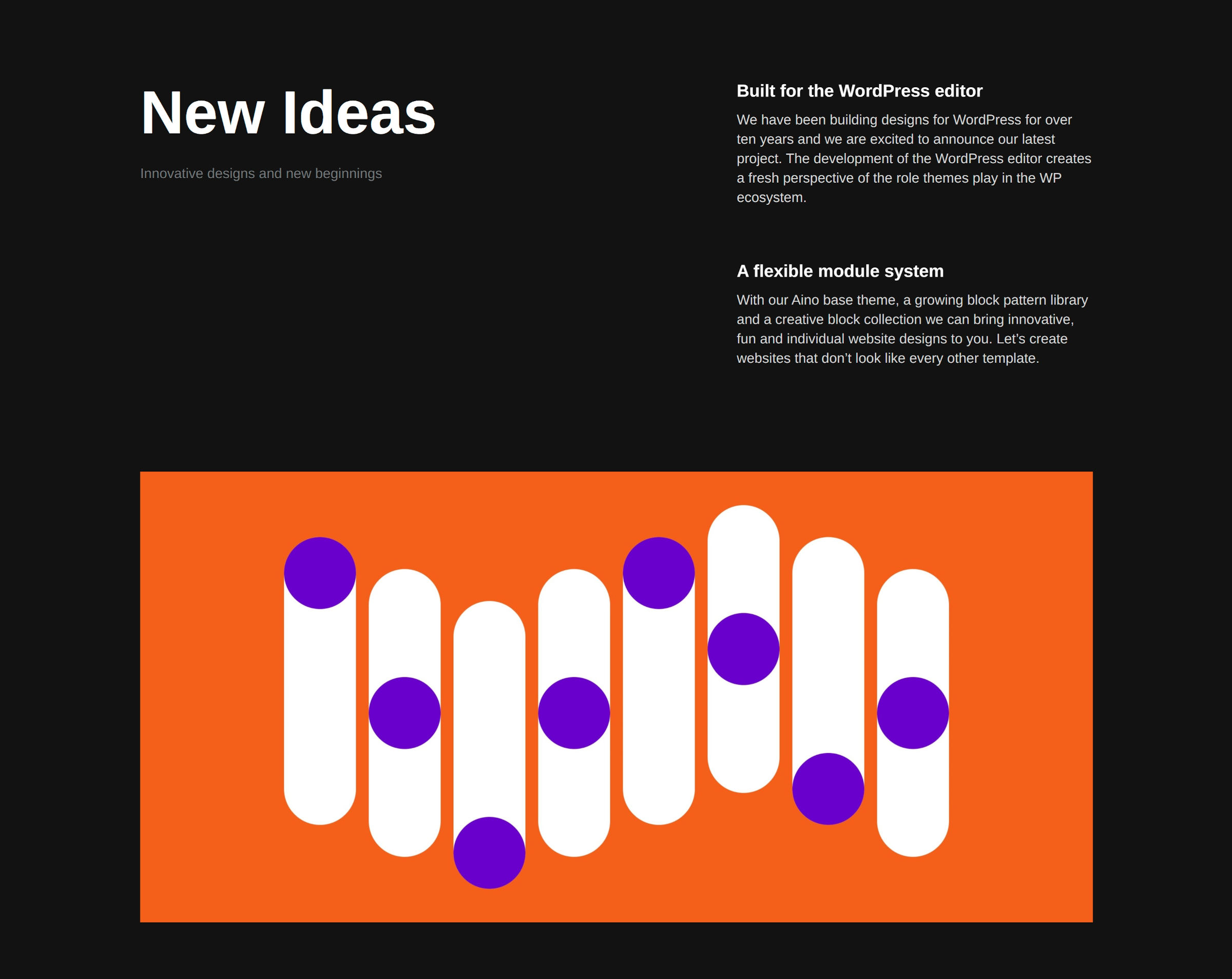 Block pattern with header and text on left and header + text sections on the right, followed by an image underneath.