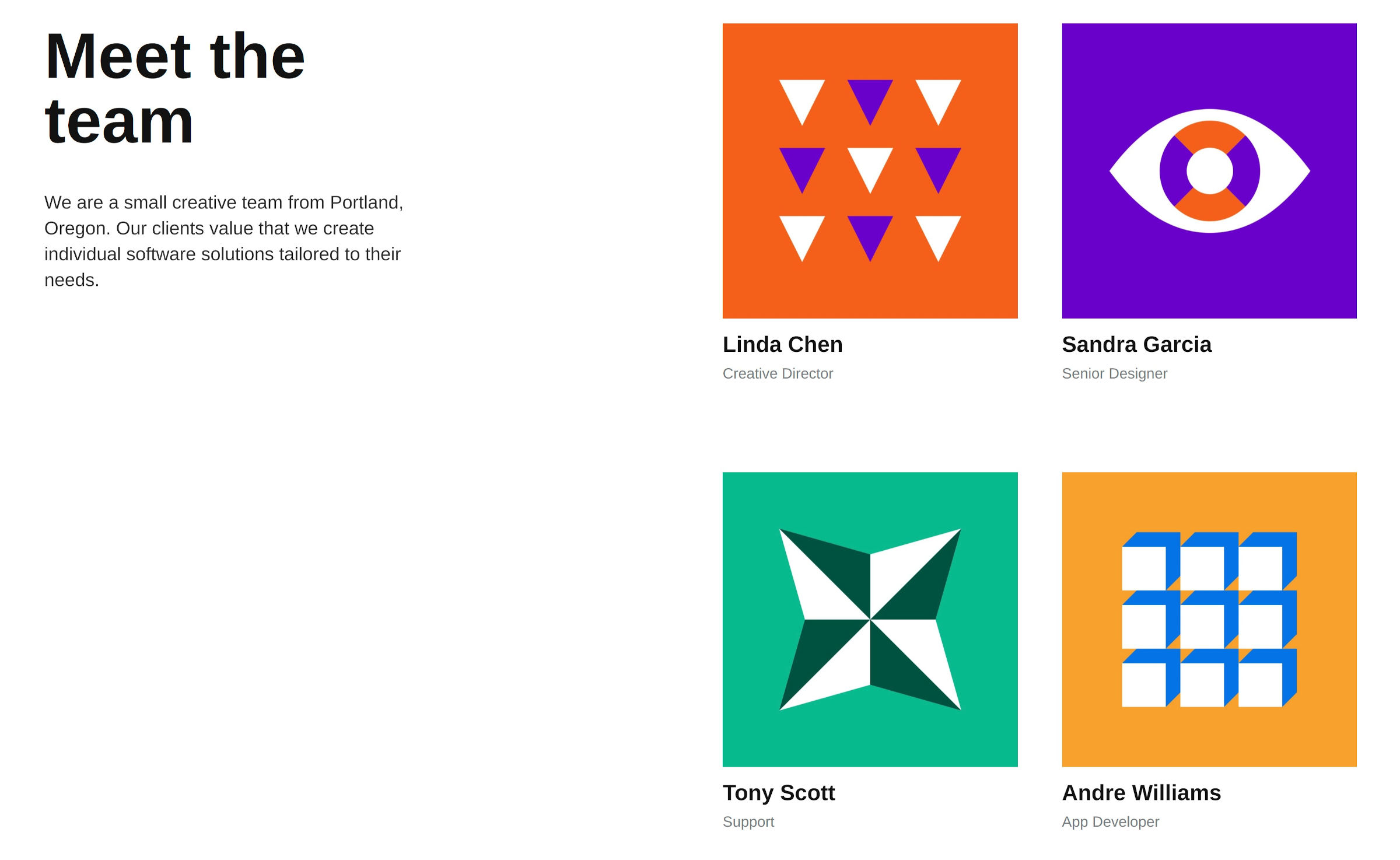 Left column with heading and text intro. Right column of two-columned team member images.