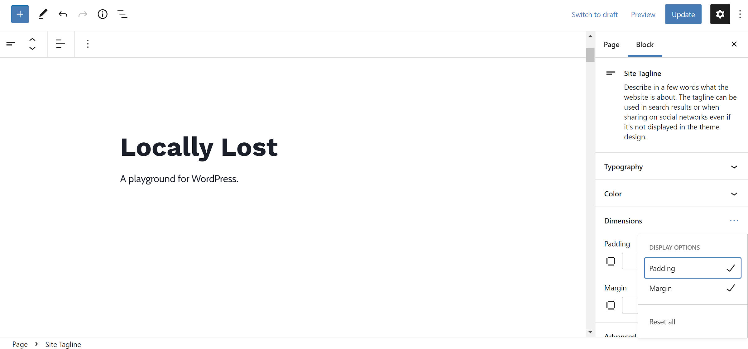 Toggling "display options" for padding and margin controls in the WordPress editor.