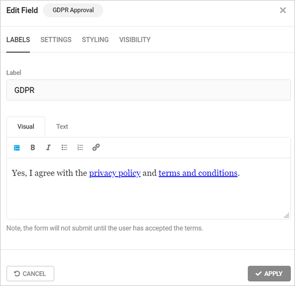 Forminator GDPR Approval feature