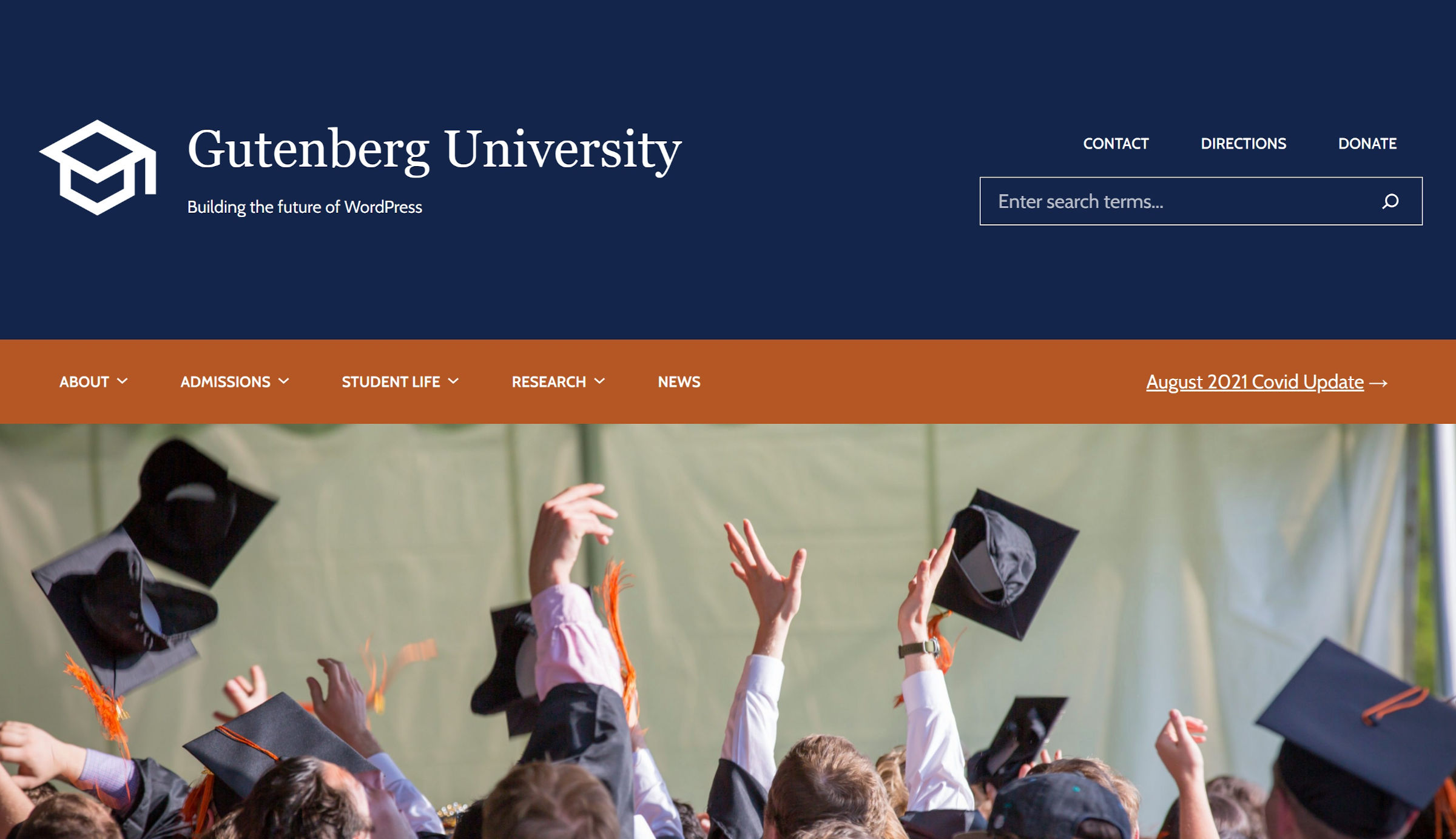 Fictional university website header with logo, title, description, navigation, and featured image.