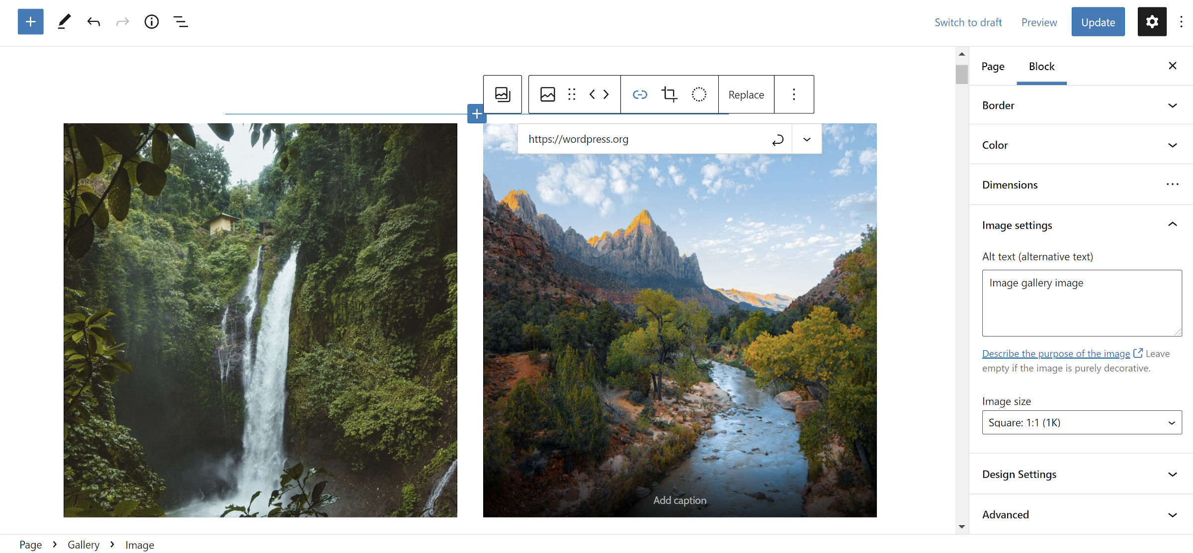 New WordPress Gallery block in the editor with the toolbar link option open.