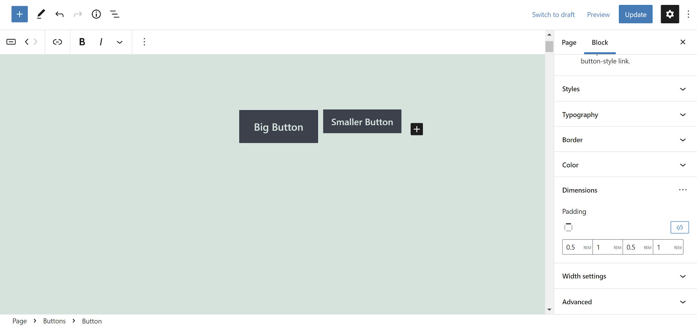 Customizing the padding for the Button block in the WordPress editor.