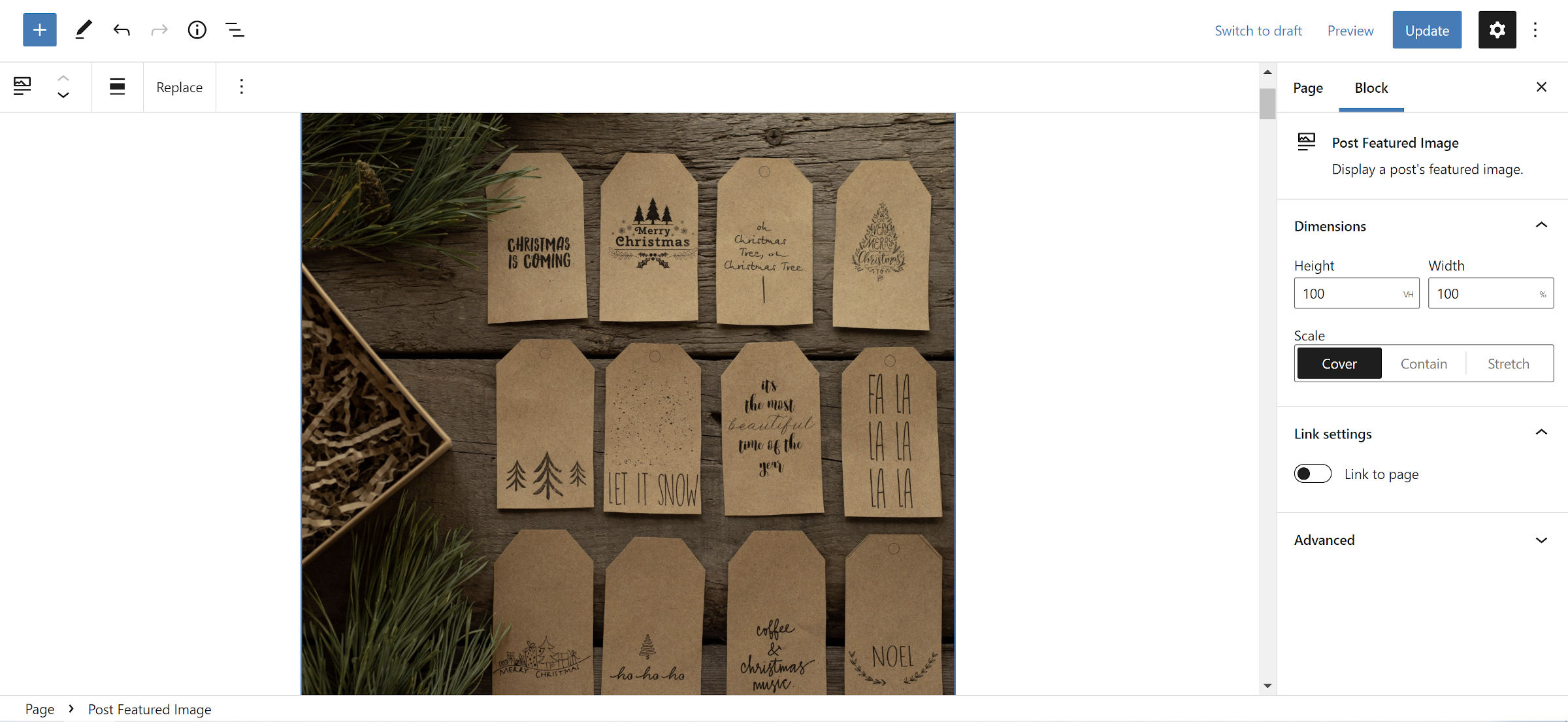 A post featured image block in the WordPress editor with its height, width, and scale options shown in the sidebar.