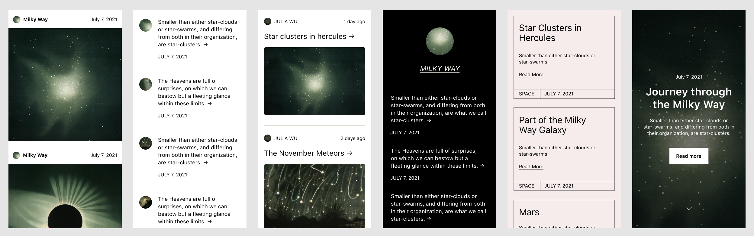 Various mobile design patterns showcasing post excerpts.