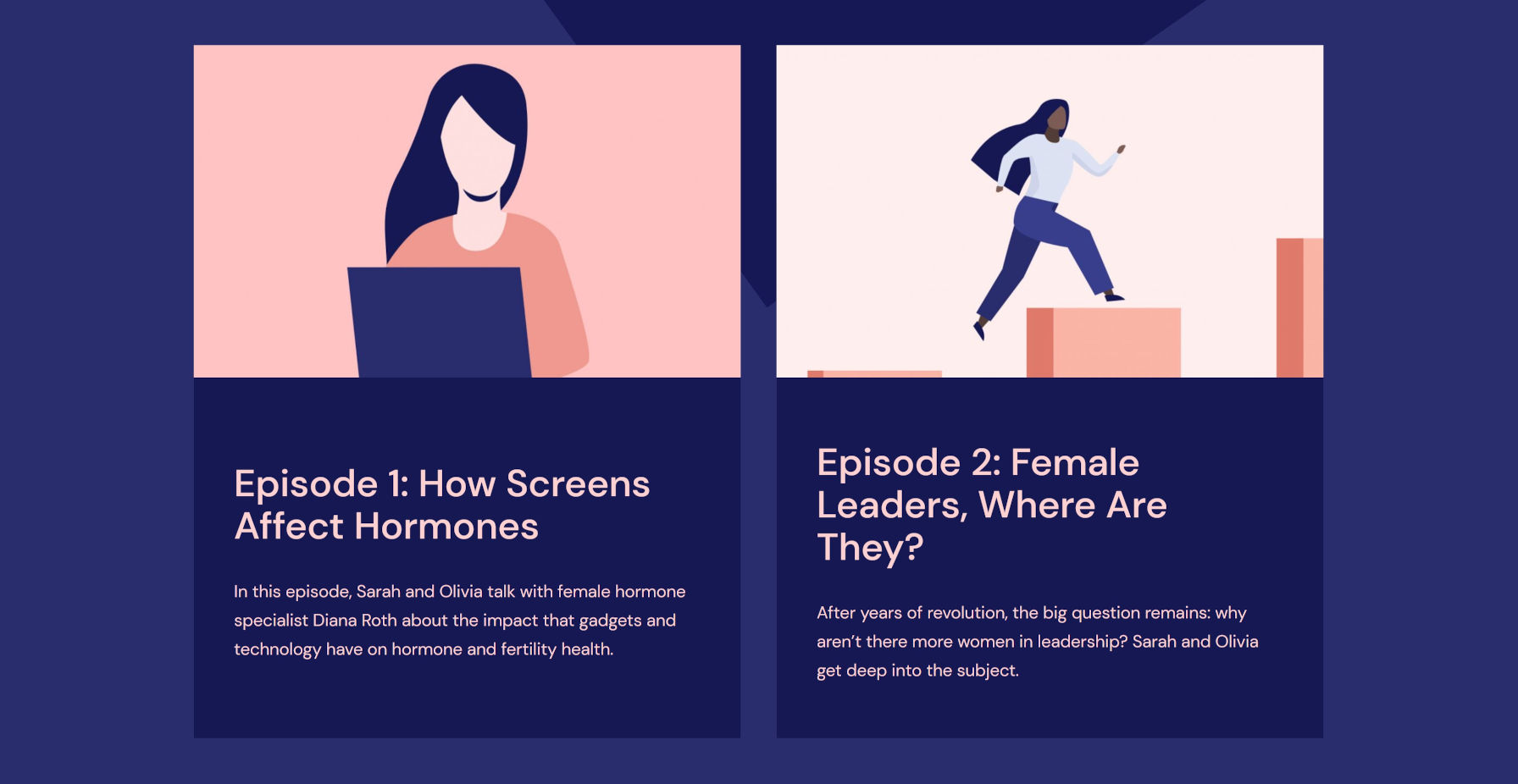 Two-column layout with Image, Heading, and descriptive text of podcasting episodes.