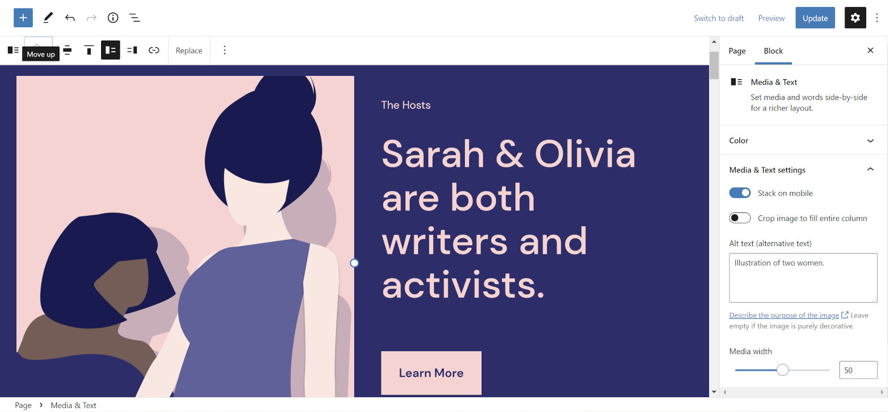 Illustration in the left column and Heading and Button blocks in the right in a pattern built with the Media & Text block in the WordPress editor.