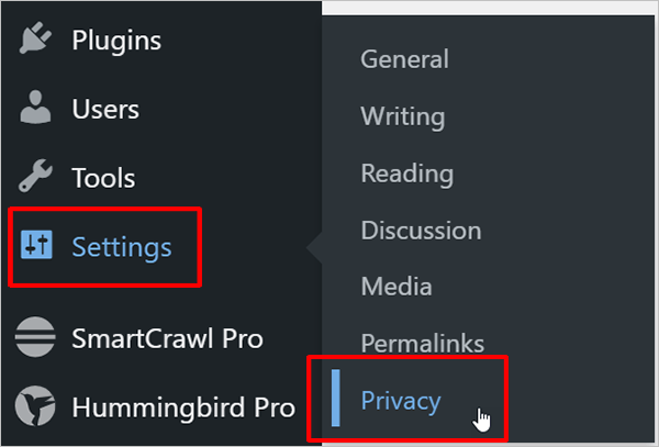 WordPress Menu - Settings - Privacy