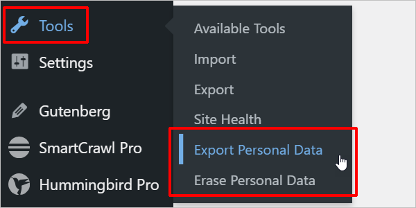 WordPress Tools menu - data features