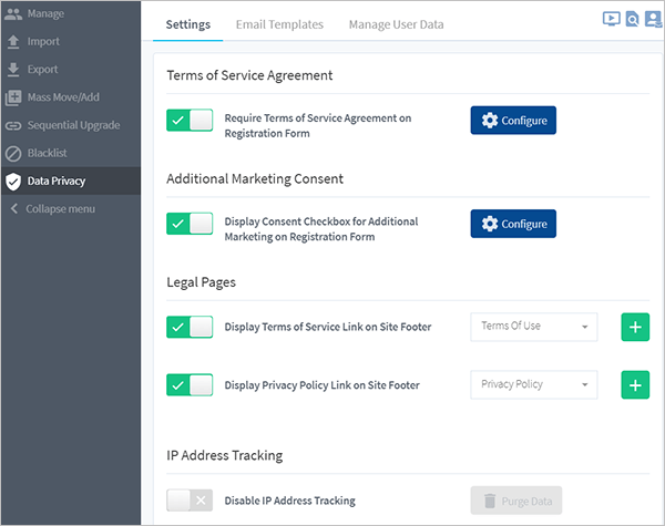 Wishlist Member - Data Privacy settings.