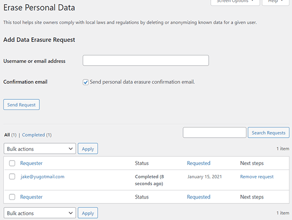 WordPress Erase Personal Data tool.