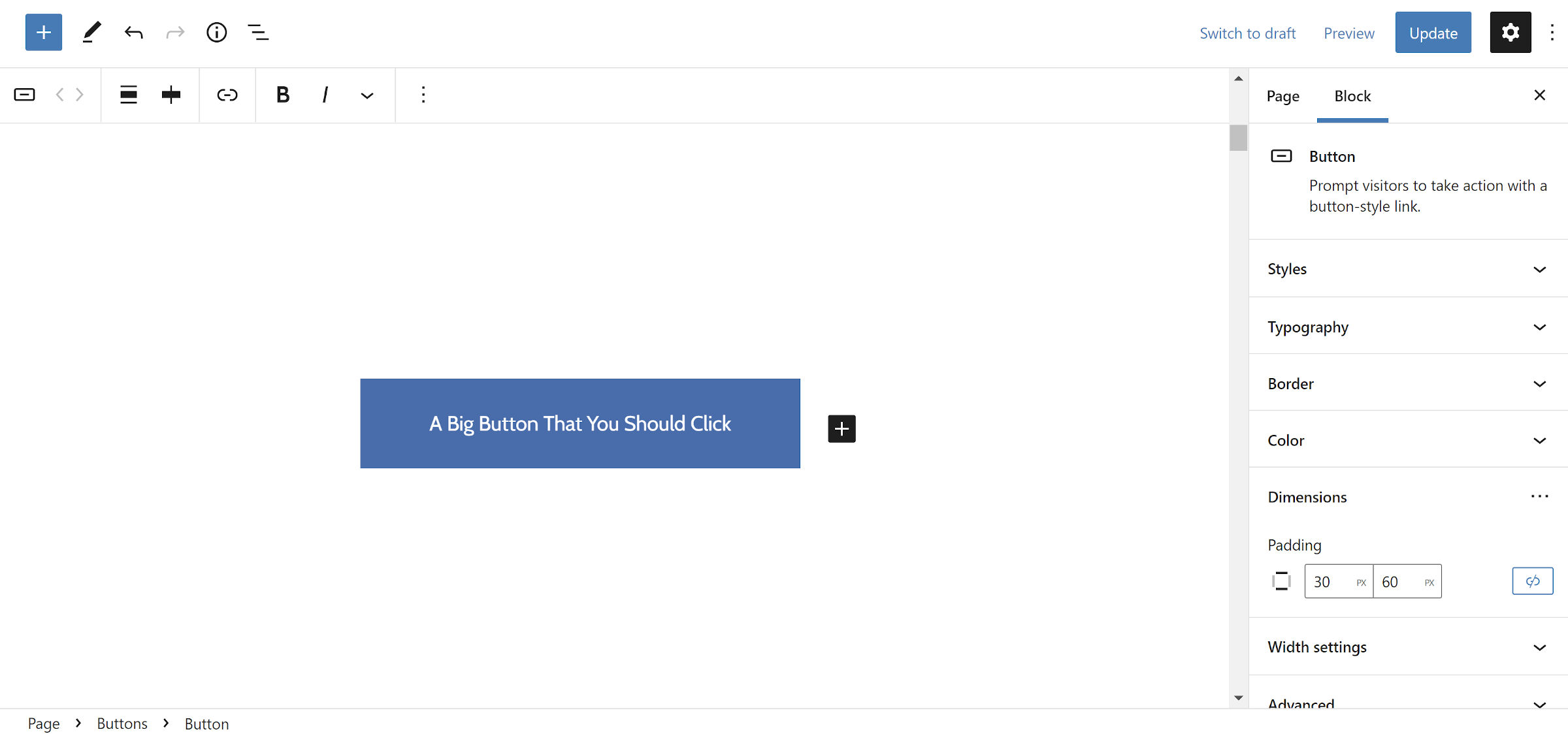 Adjusting the top and bottom (vertical) and left and right (horizontal) padding for an individual Button block in the WordPress editor.