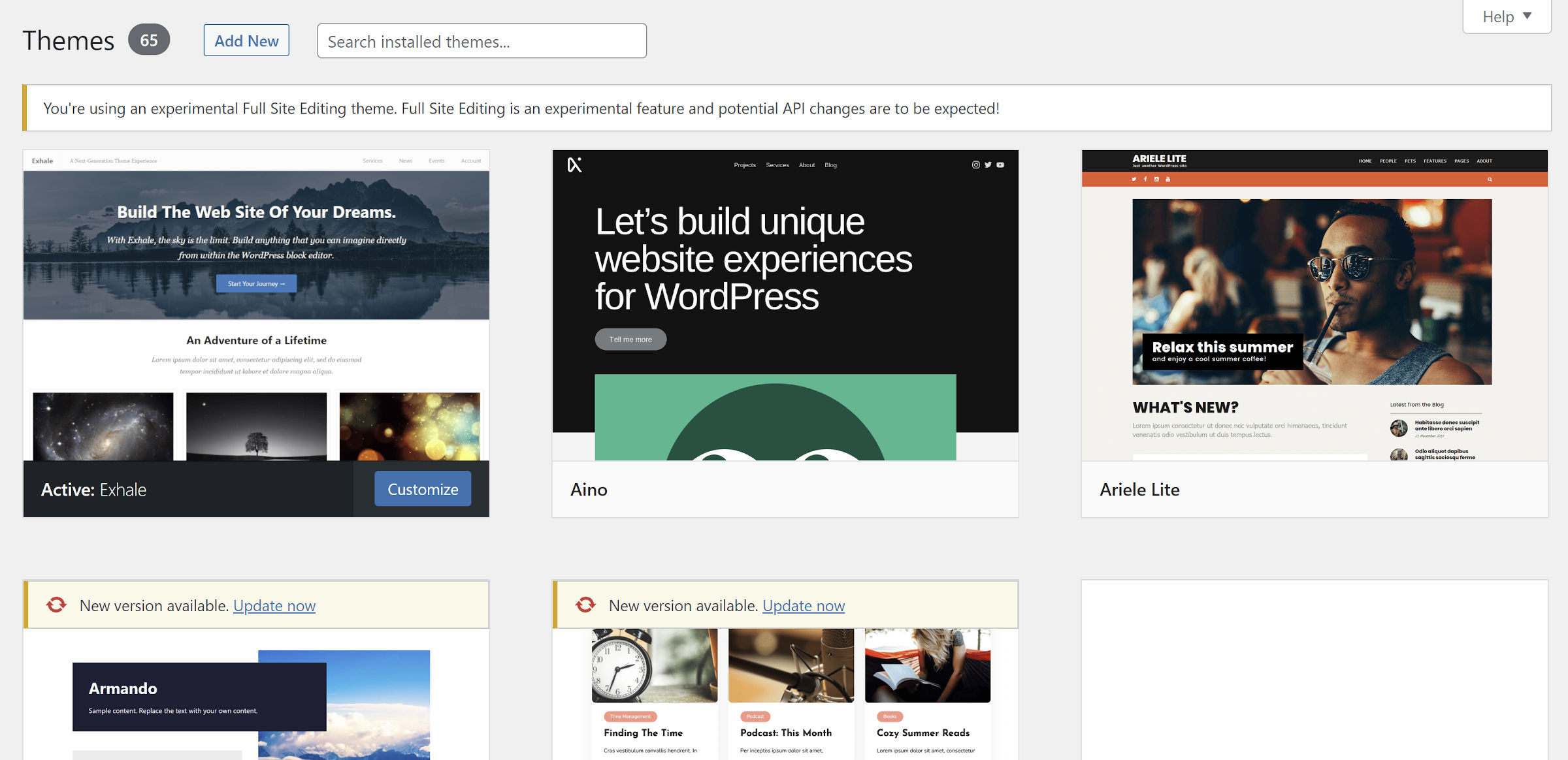 FSE theme admin notice on the Themes/Appearance admin screen.