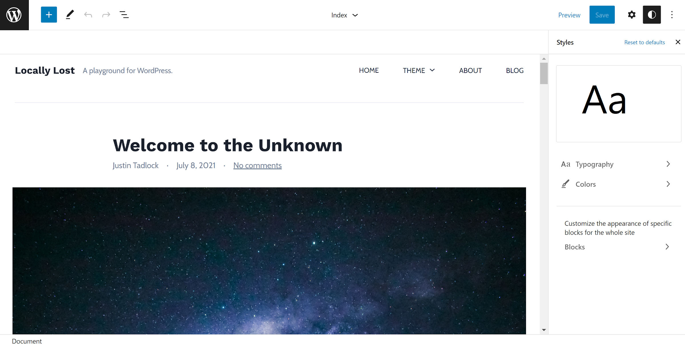 A view of the site editor in the WordPress admin interface.  On the right, the Global Styles panel is open.