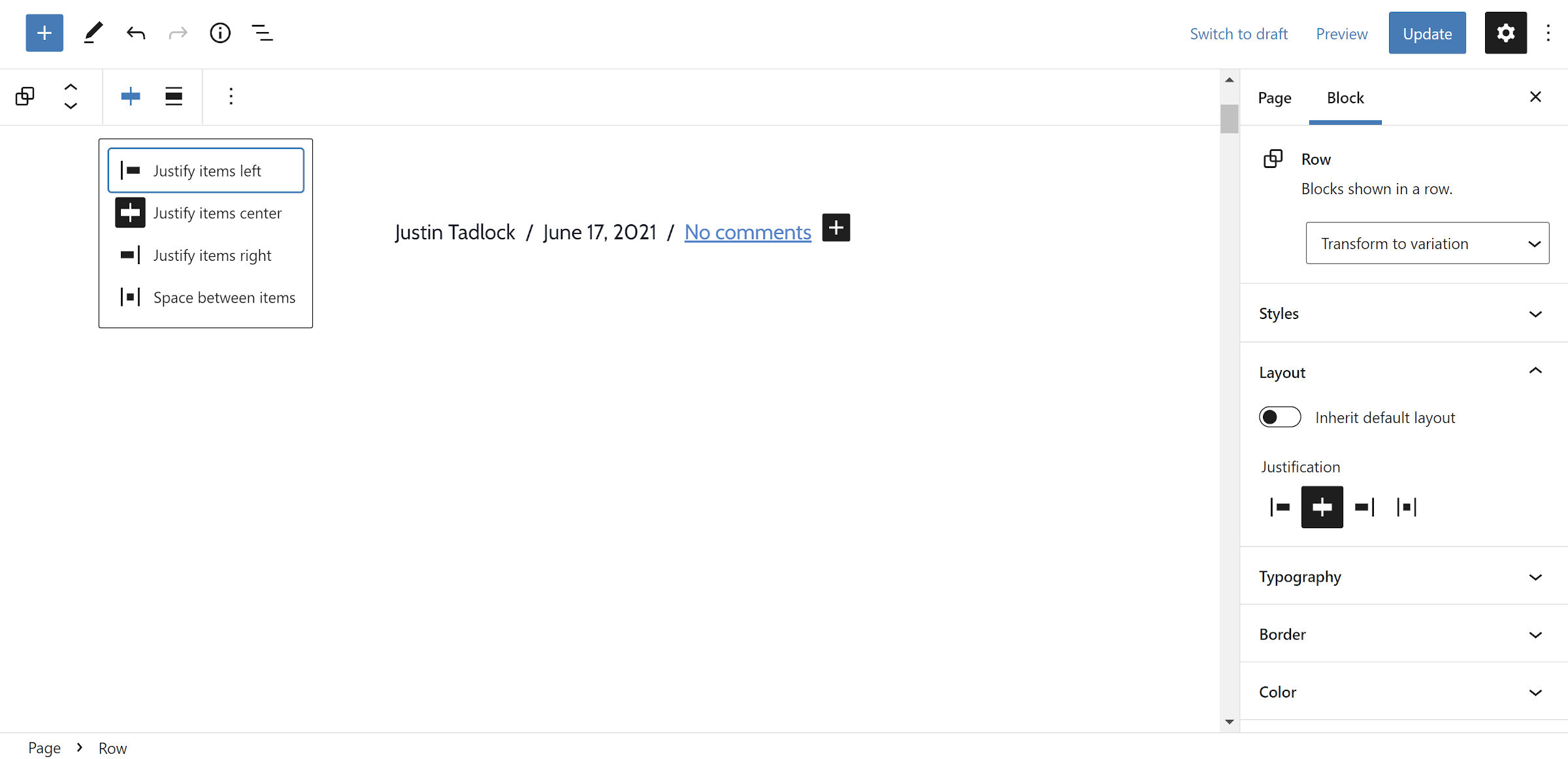Post author, date, and comments link lined up next to each other using the new Row block variation.
