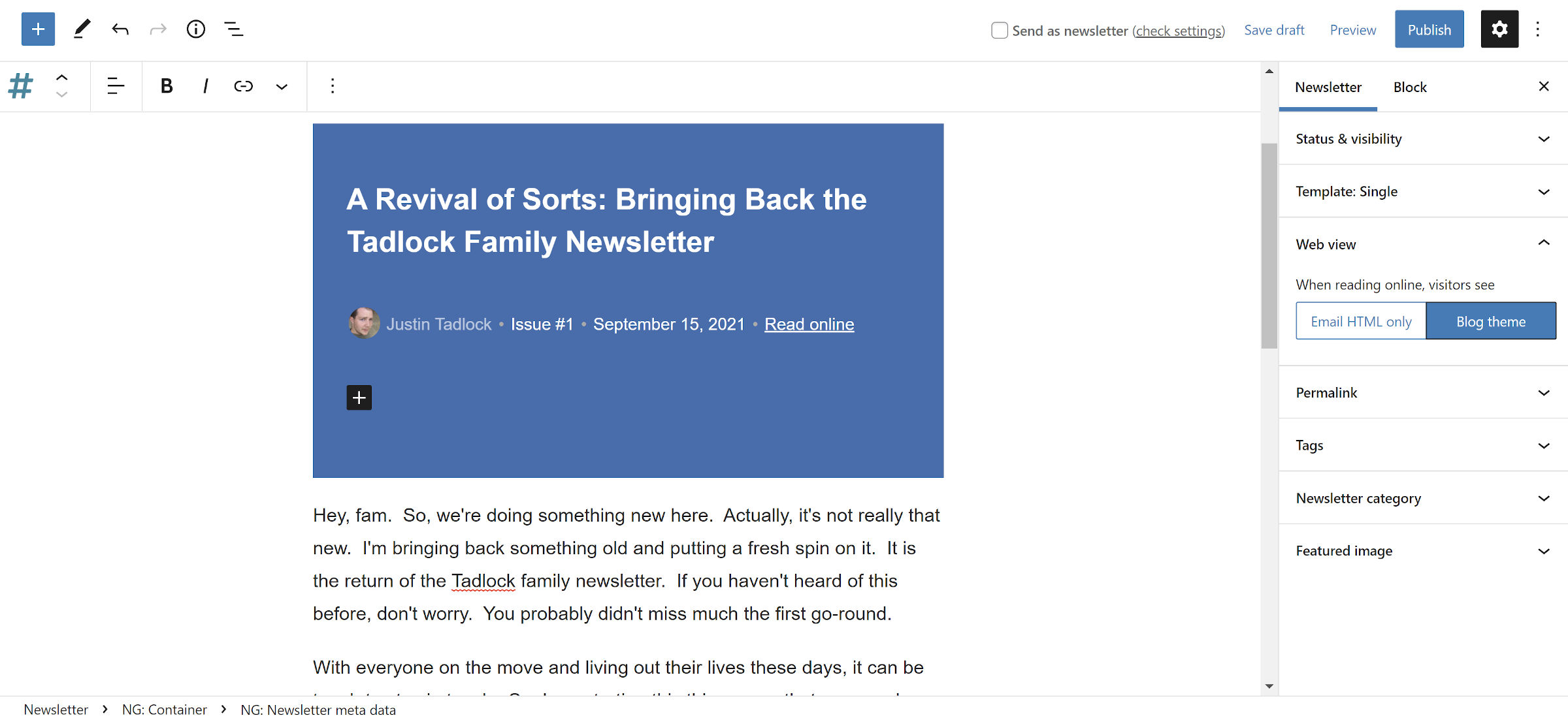 Newsletter Glue from the WordPress block editor.