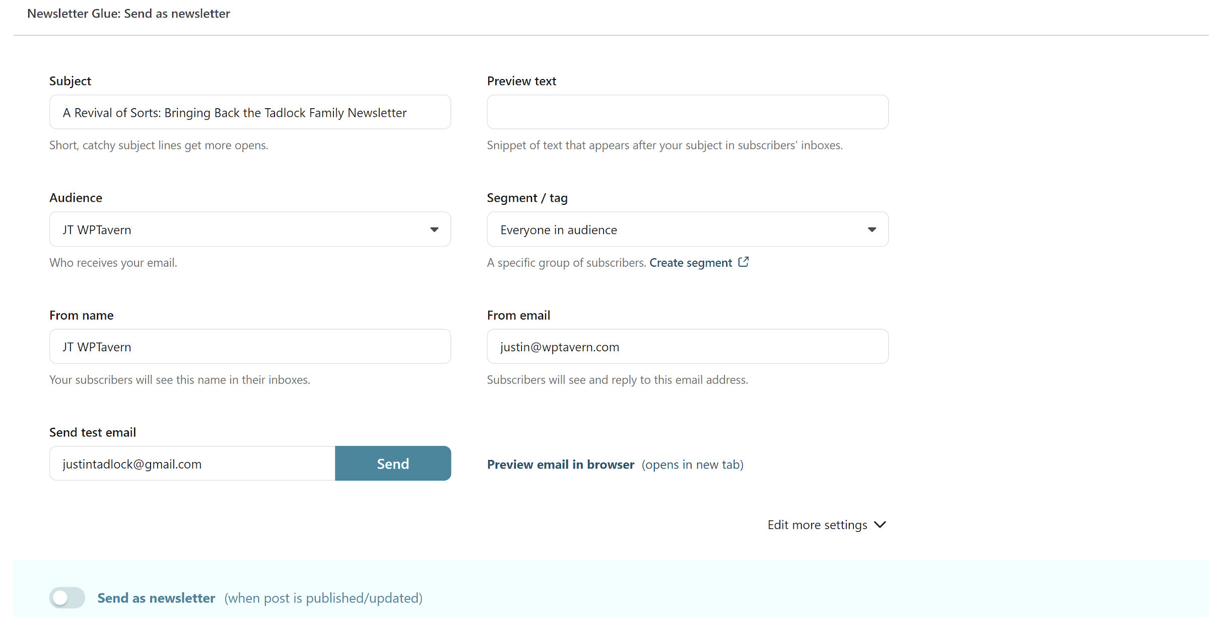 Classic meta box for the Newsletter Glue plugin on the post/newsletter-editing screen.